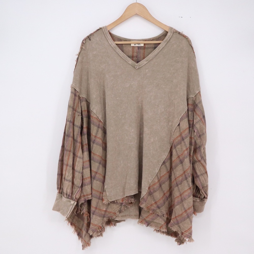 J HER Top Women's S Brown Plaid Waffle Knit Mixed Media Raw Hem Excellent